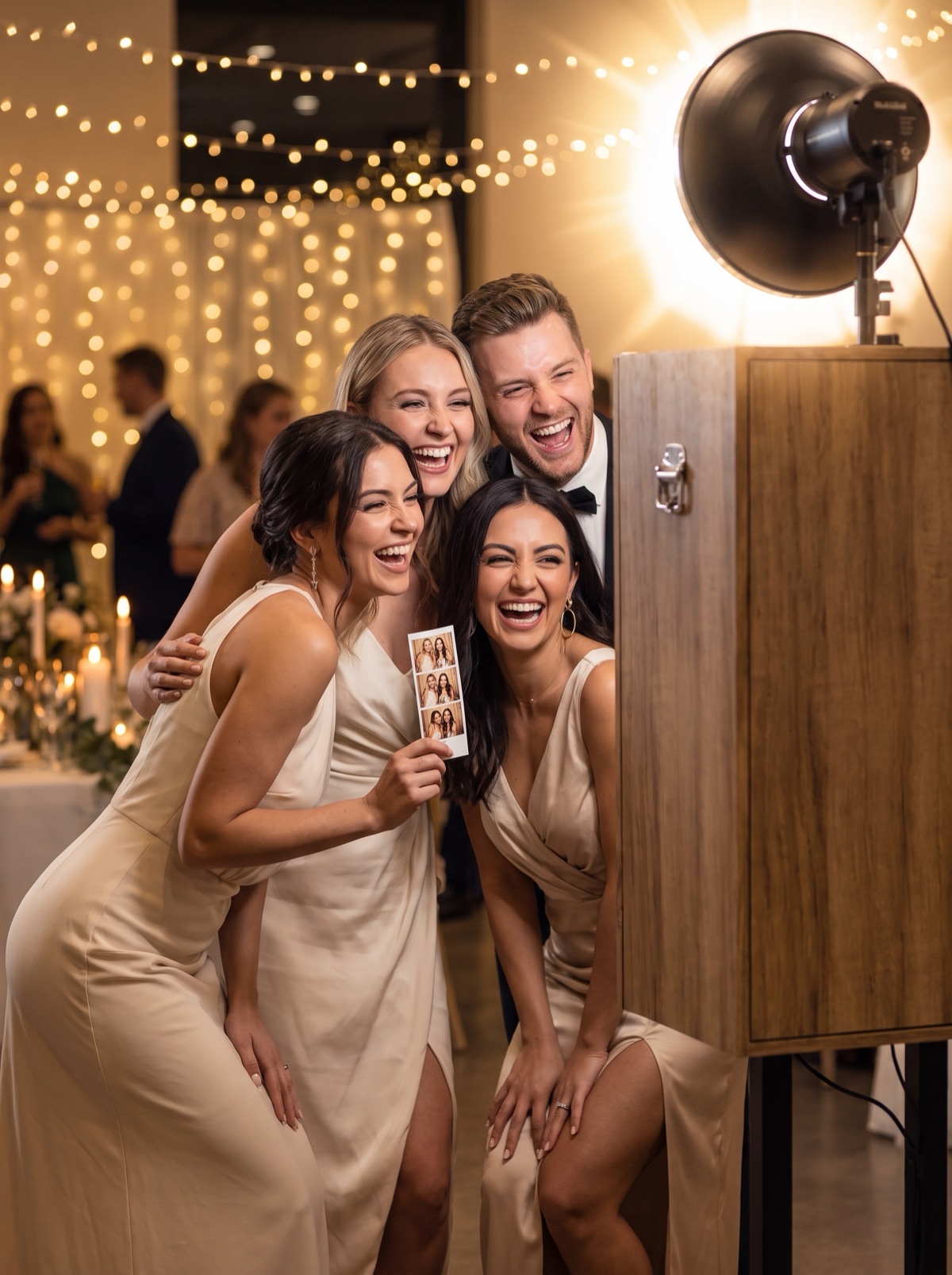 Gruppe von Gästen posiert vor der Classic Fotobox