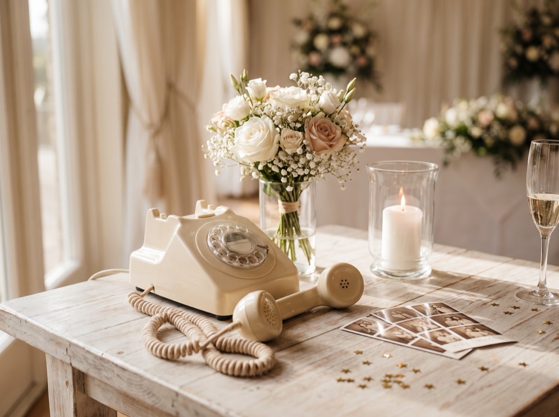 Cremefarbenes Telefon mit abgehobenem Hörer neben Blumen und Fotostreifen