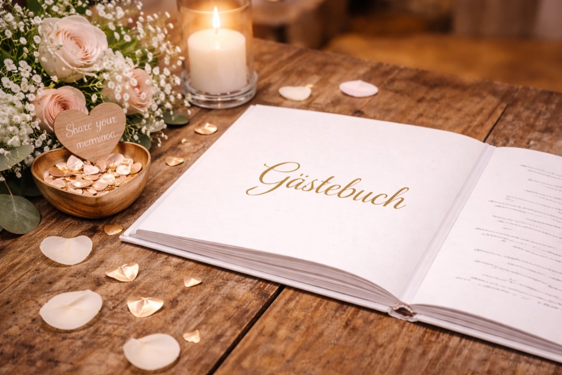 Aufgeschlagenes Gästebuch auf einem Holztisch mit Kerze und Rosen